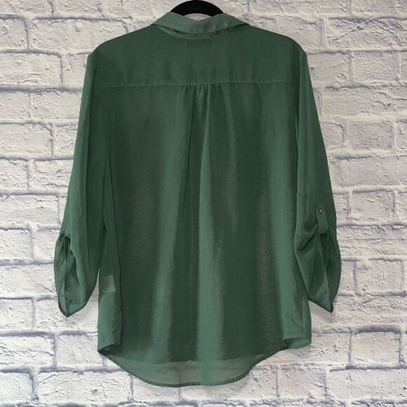 METAPHOR hunter Green Sheer Tab Sleeve Button Front Blouse - Picture 6 of 13